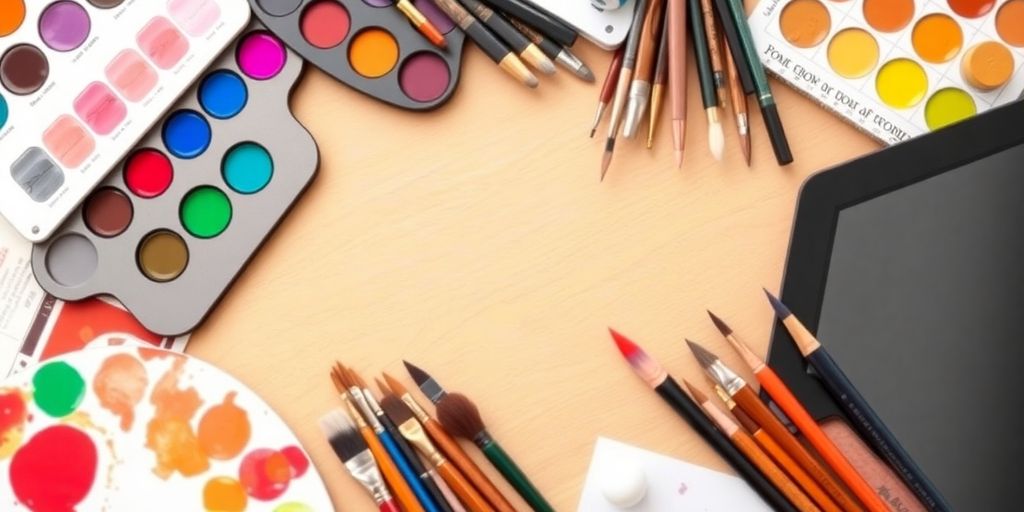 Bunte Grafikdesign-Werkzeuge für Kunstpostkarten.