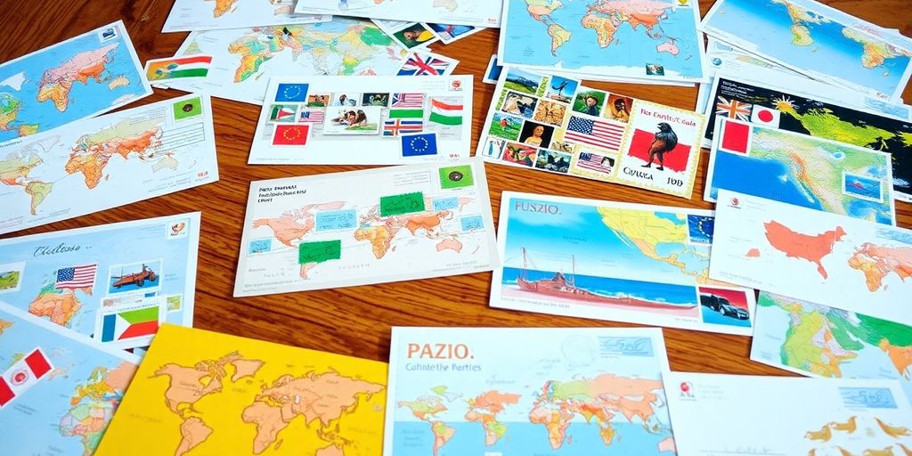 Bunte Postkarten und Briefmarken auf einem Holztisch.