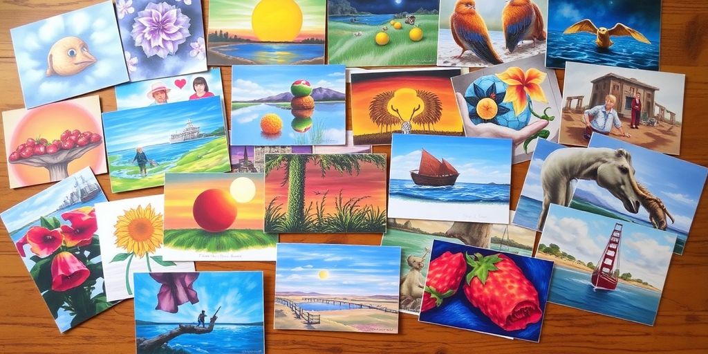 Bunte Kunstpostkarten auf einem Holzuntergrund angeordnet.