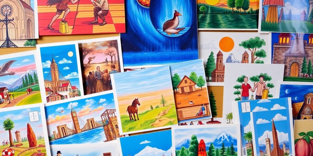 Bunte Kunstpostkarten in kreativer Anordnung.