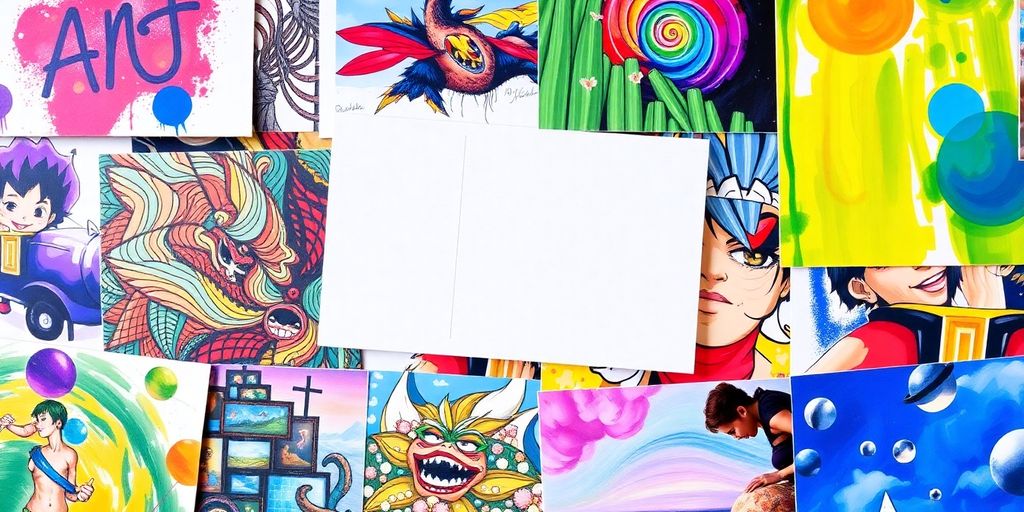 Verschiedene Kunstpostkarten mit bunten Designs.
