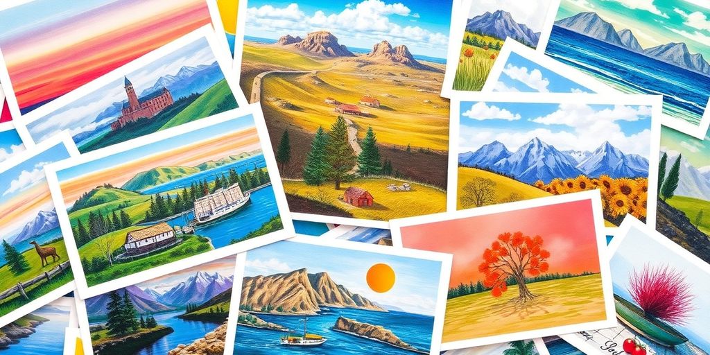 Vielfältige Kunstpostkarten mit leuchtenden Farben und Motiven.