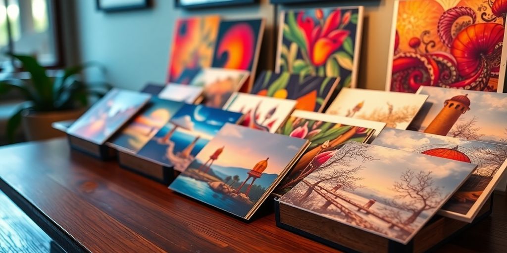 Sammlung von einzigartigen Kunstpostkarten auf einem Tisch.