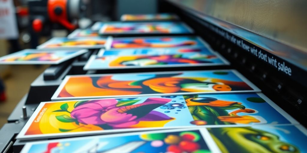 Fotografie einer Druckmaschine mit Kunstpostkarten