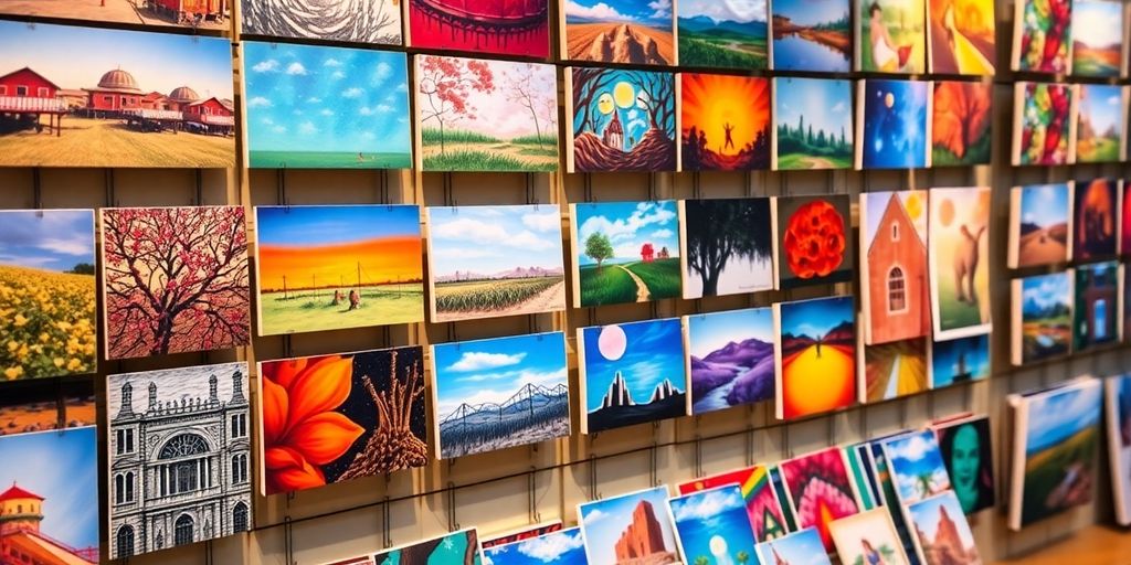 Vielfältige Kunstpostkarten in einer Ausstellung arrangiert.
