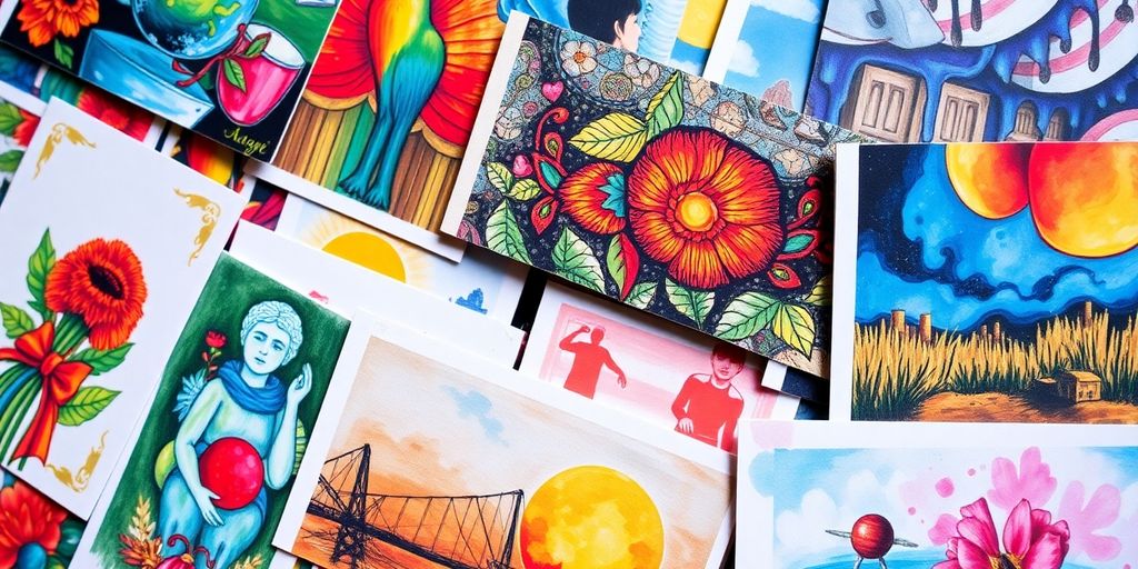 Bunte Kunstpostkarten mit verschiedenen Kunstwerken.