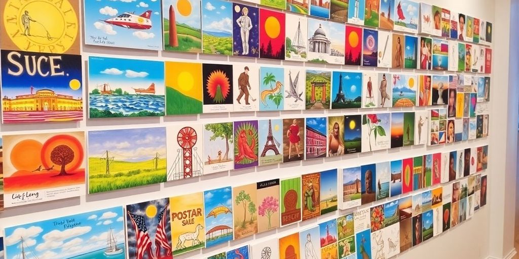Faszinierende Kunstpostkarten in einer Galerie ausgestellt.