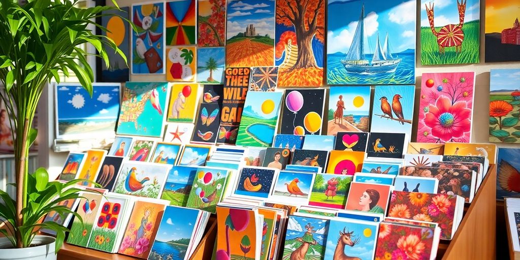 Vielzahl von Kunstpostkarten in einladendem Ambiente