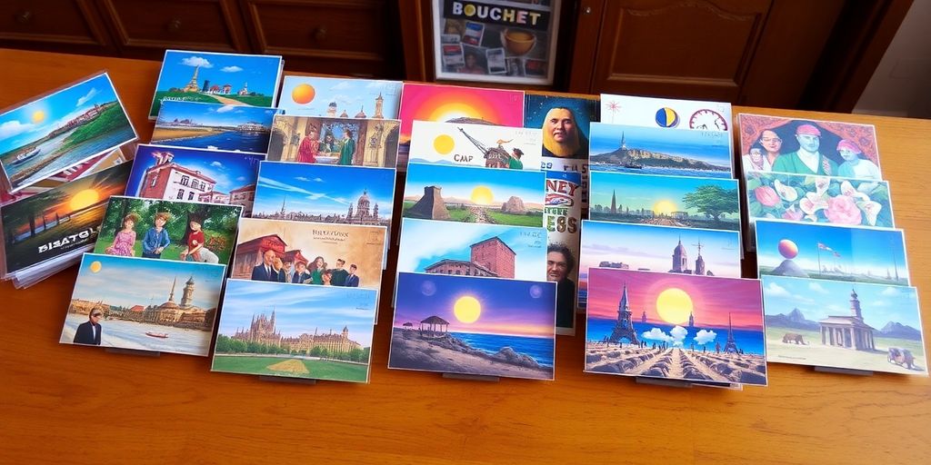 Bunte Kunstpostkarten auf einem Holztisch arrangiert.