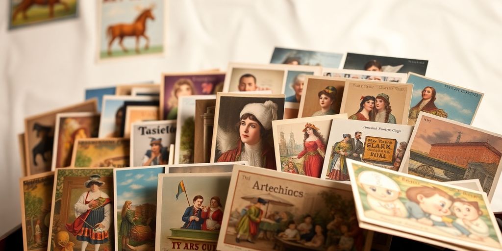 Eine Sammlung von Kunstpostkarten in verschiedenen Designs.