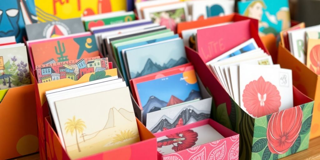 Kunstpostkarten in kreativen Verpackungen angeordnet.