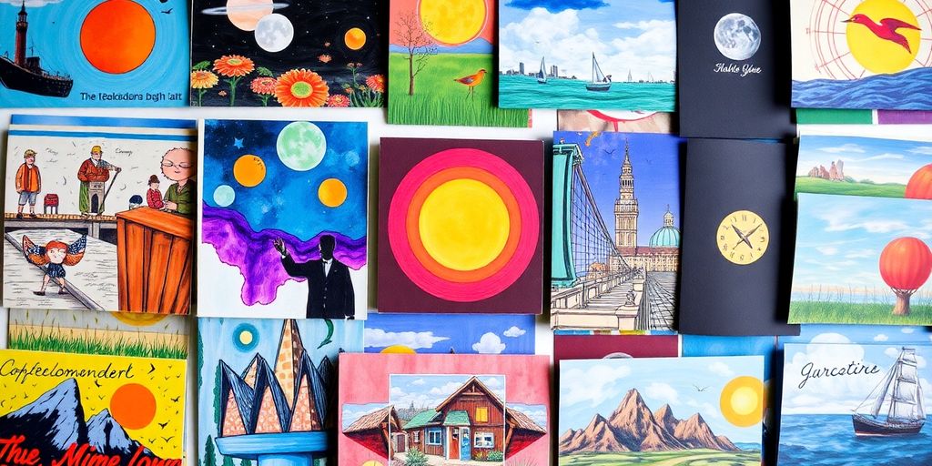 Bunte Kunstpostkarten mit verschiedenen Designs und Stilen.