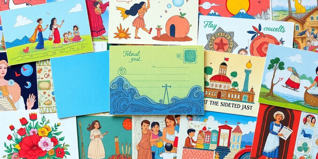 Bunte Kunstpostkarten mit verschiedenen Illustrationen und Mustern.