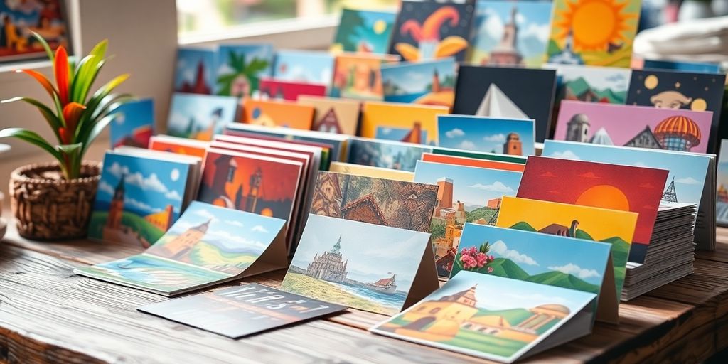 Kunstpostkarten in verschiedenen Farben und Designs.