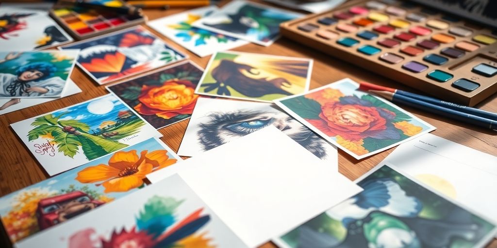 Bunte Kunstpostkarten auf einem Tisch mit Kunstmaterialien.