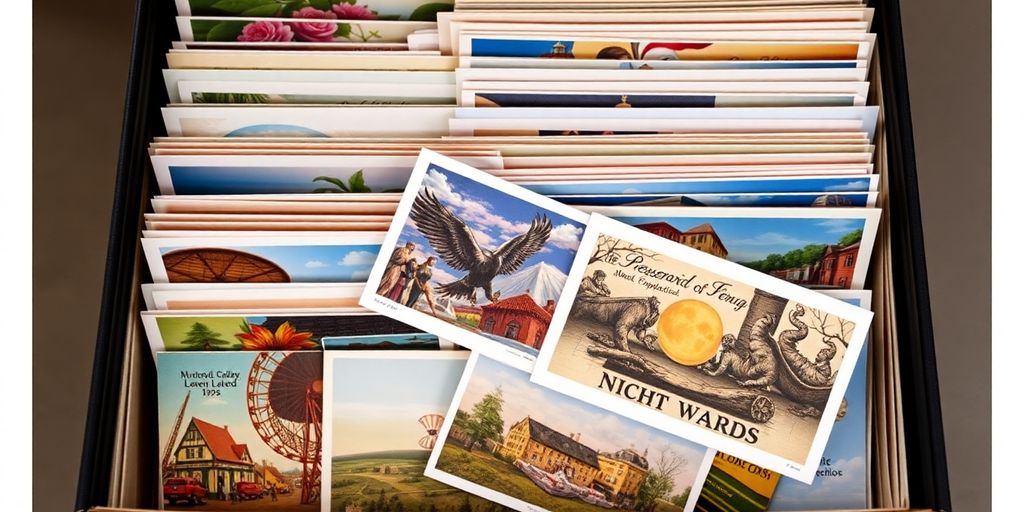 Ordentlich archivierte Kunstpostkarten in verschiedenen Designs.